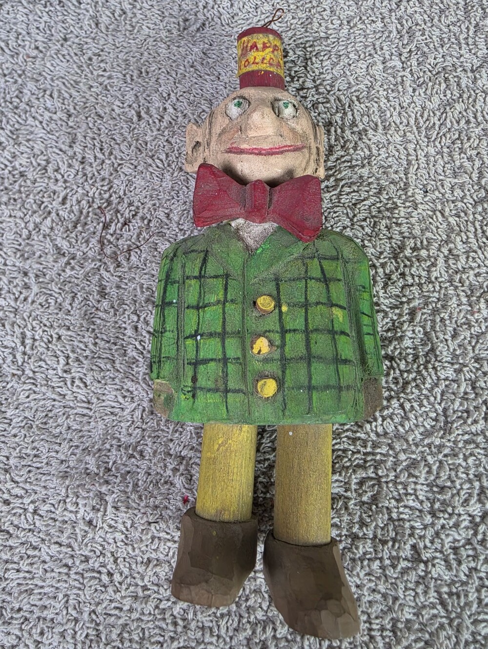 Handcrafted Folk Art Green Wooden Figurine Pair with Red Bow Ties - Picture 2 of 16